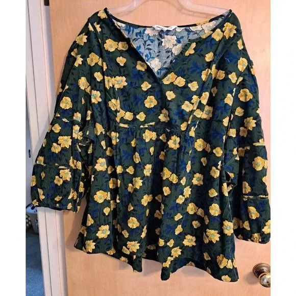 Womens Plus  Sonoma 5X Green Yellow Floral Pinwale  Corduroy Peasant Top  NWT - Picture 1 of 9